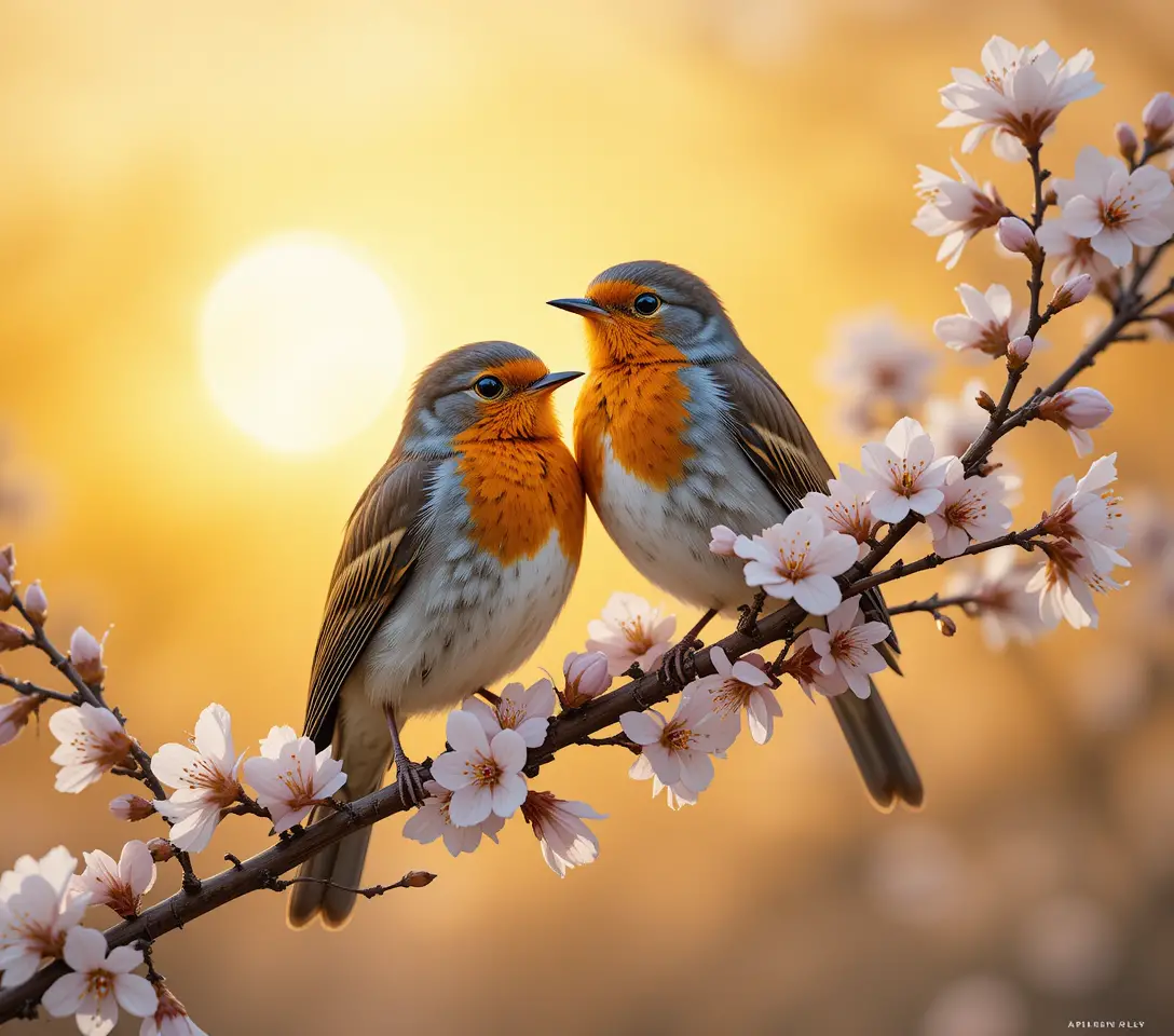 金色夕陽天空下停歇在杏花上的知更鳥