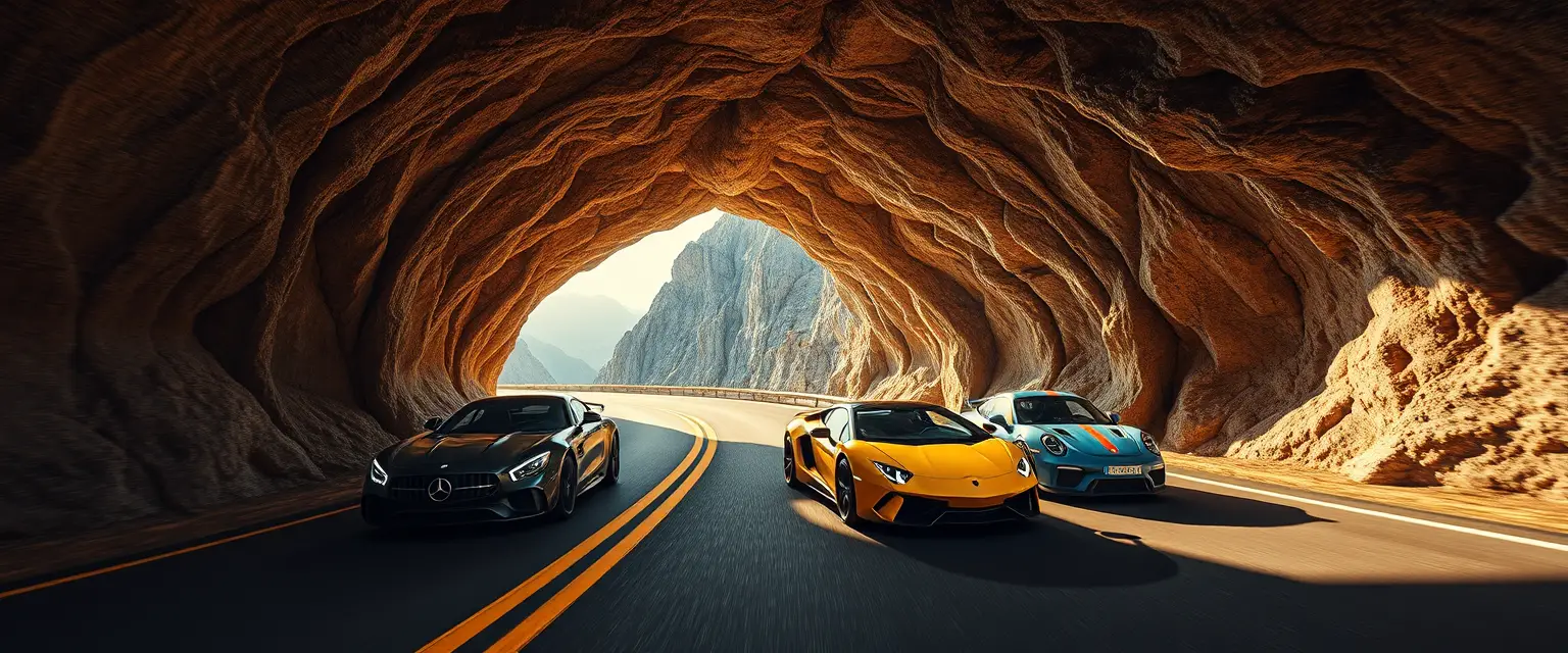 Sports cars racing on highway into mountain cave