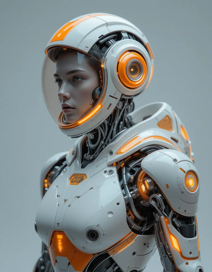 Futuristischer humanoider Roboter mit schlankem weißen Raumhelm