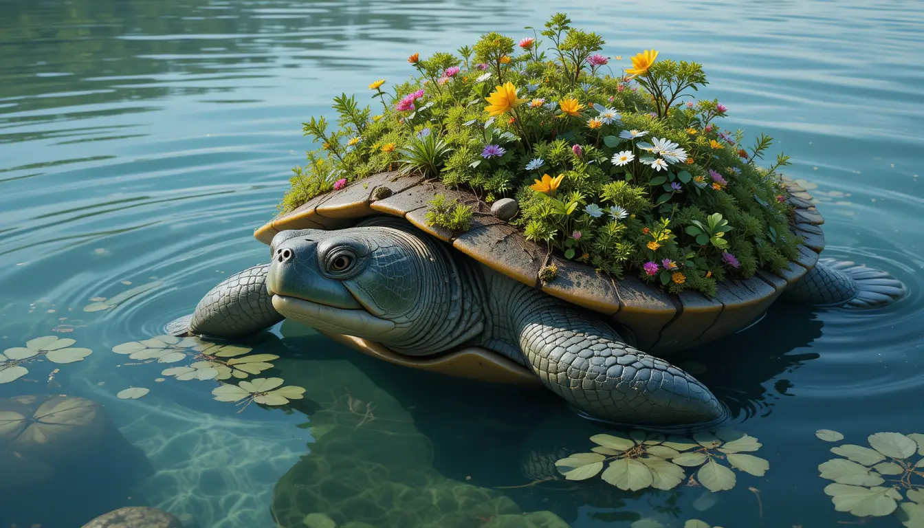 Riesige Schildkröte, die aus einem kristallklaren Waldsee auftaucht