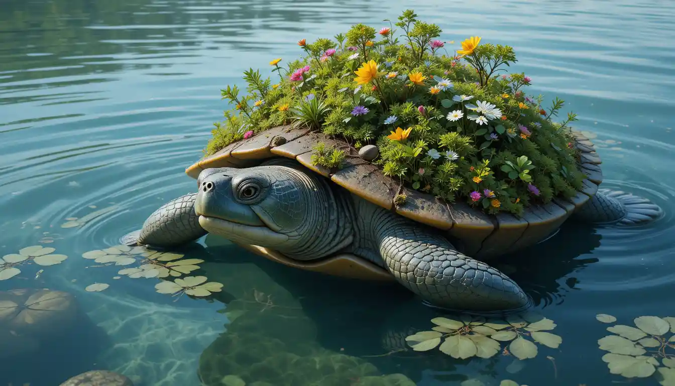 Riesige Schildkröte, die aus einem kristallklaren Waldsee auftaucht