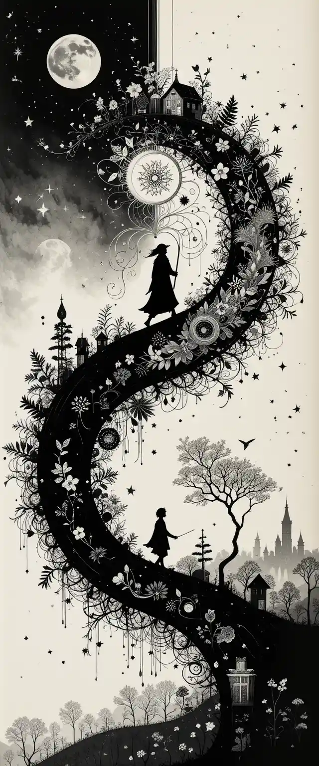 Day and night yin yang ink fairytale diptych illustration