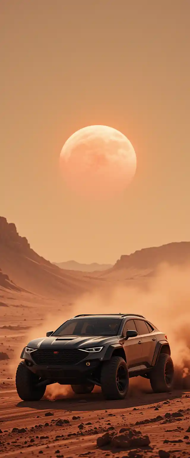 Futuristic Apple SUV Driving Across Rugged Martian Terrain