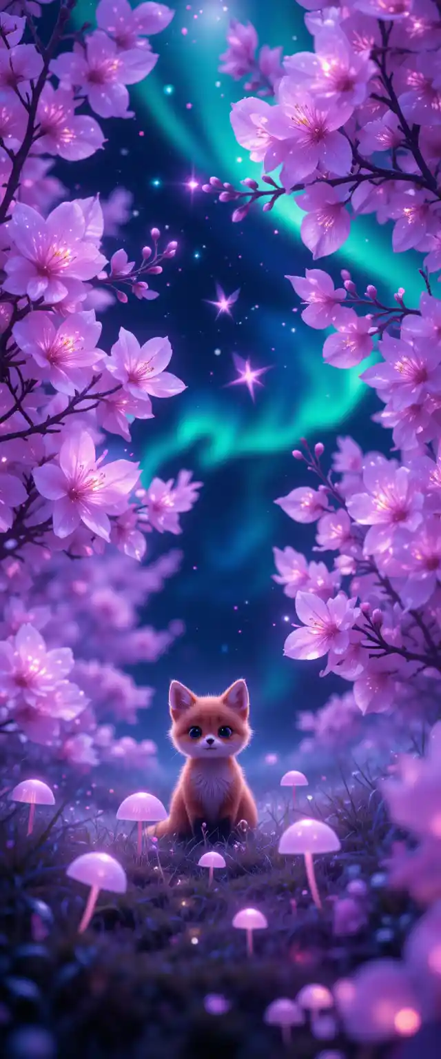 Raposa chibi escondida entre flores de cerejeira neon à noite