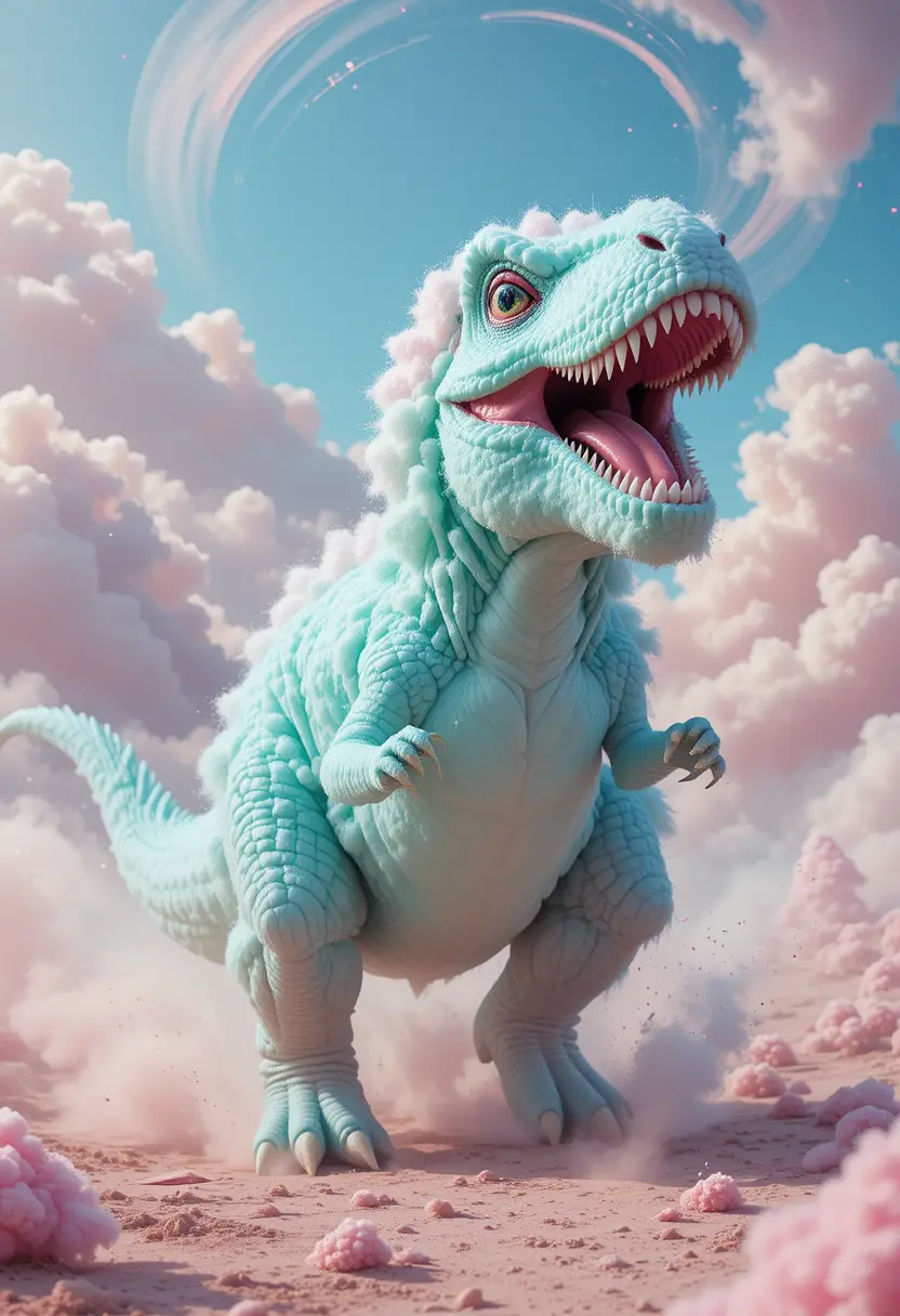 T-Rex en barbe à papa fonçant à travers un ciel tourbillonnant