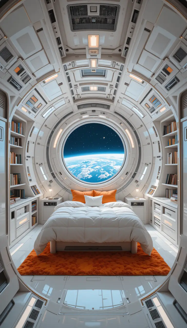 Chambre cabine de vaisseau spatial cosy avec vue sur la Terre