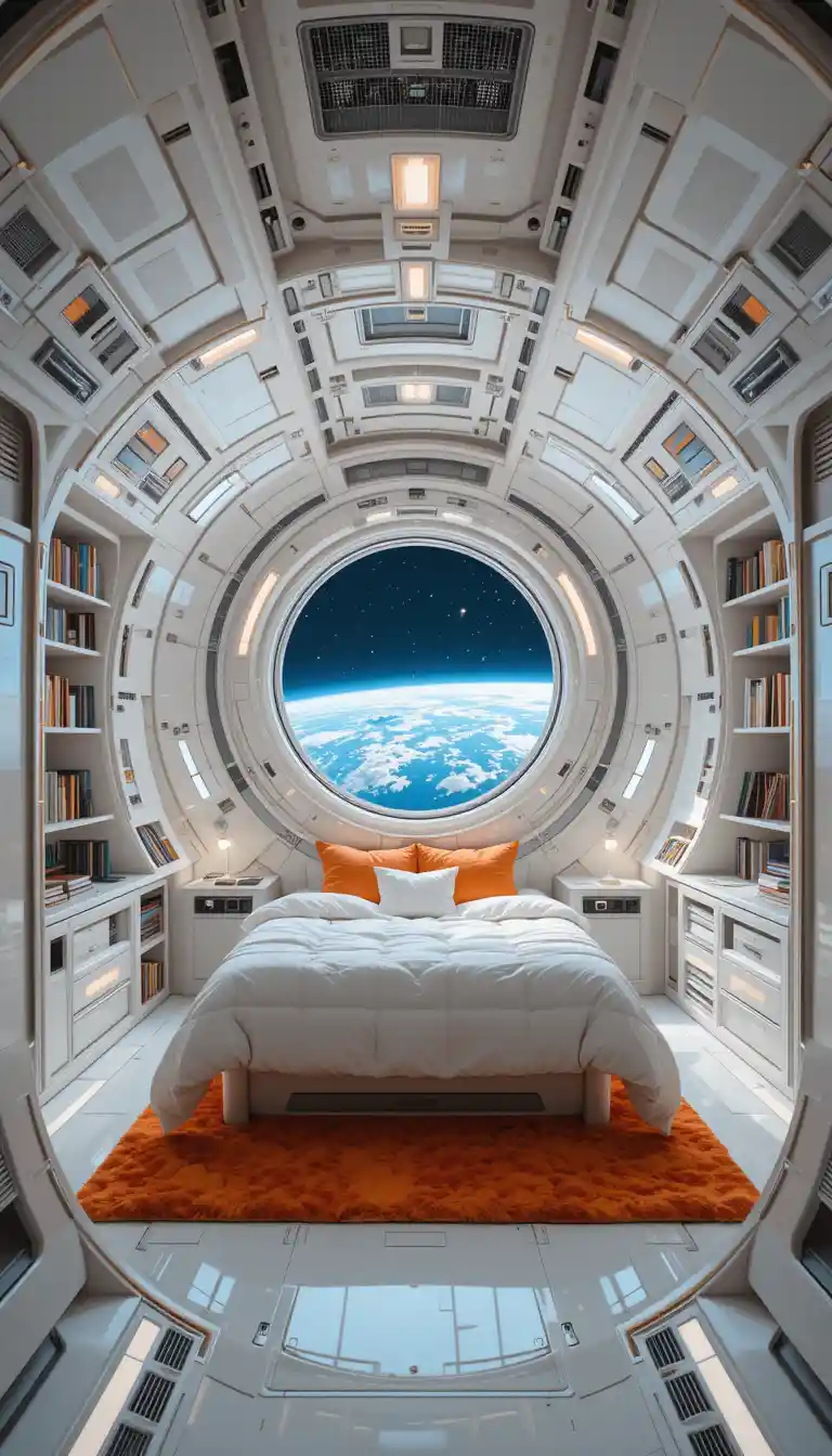 Accogliente cabina camera da letto di astronave con vista sulla Terra