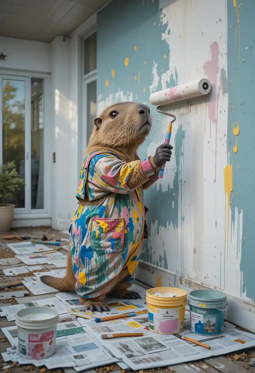 Capibara che dipinge la parete esterna di una casa moderna