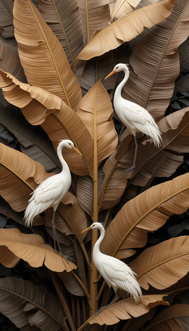 Illustration de grues blanches parmi des feuilles de bananier marron et brillantes