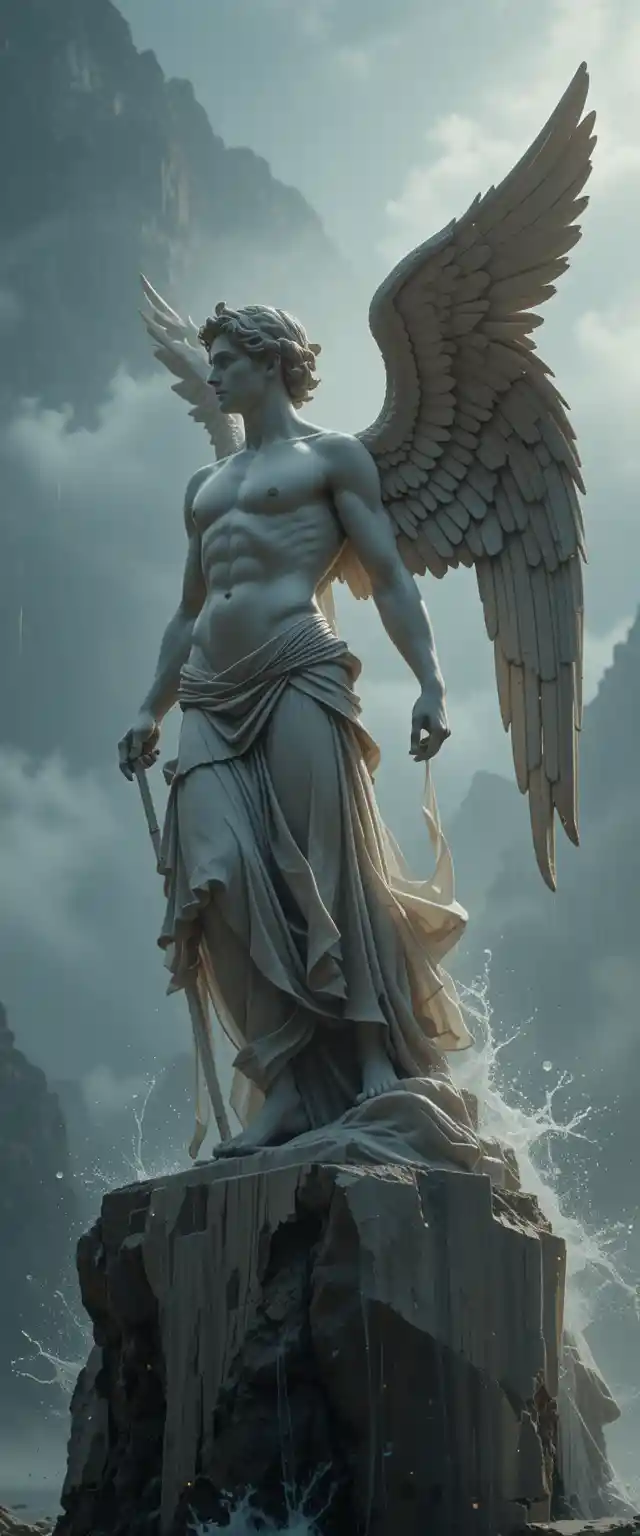 Winged marble statue above misty sea with dramatic light