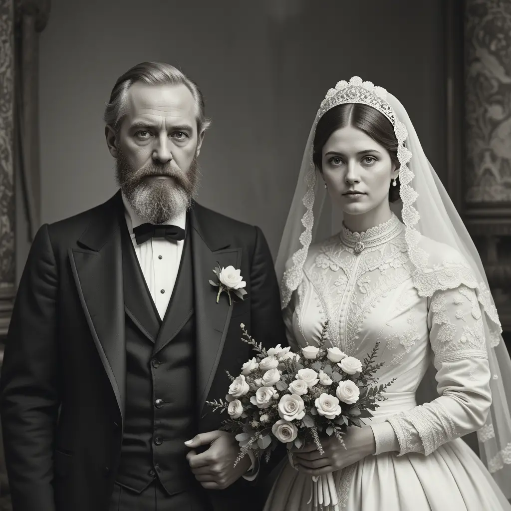 Noivo idoso e noiva ruiva em um casamento da década de 1880