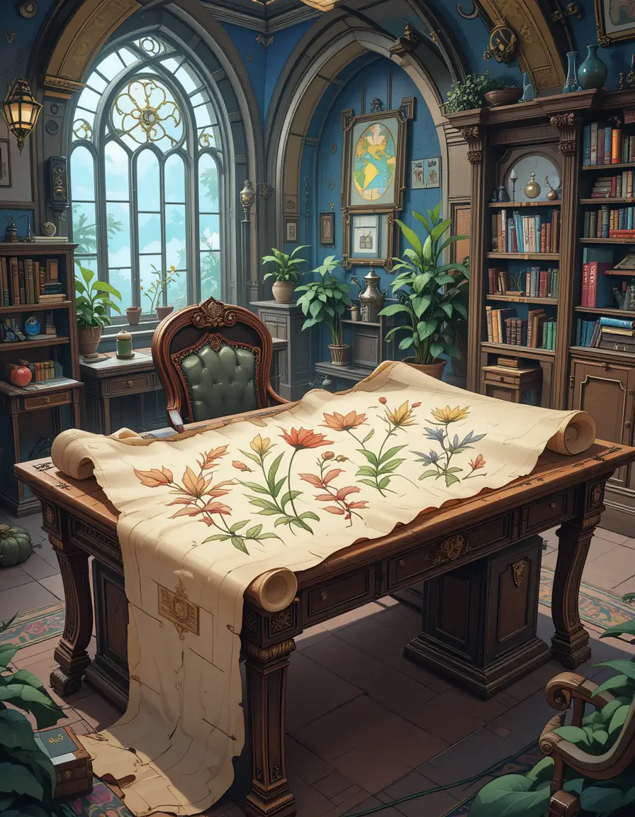 Anime-Büroillustration auf Pergament über einem verzierten Schreibtisch