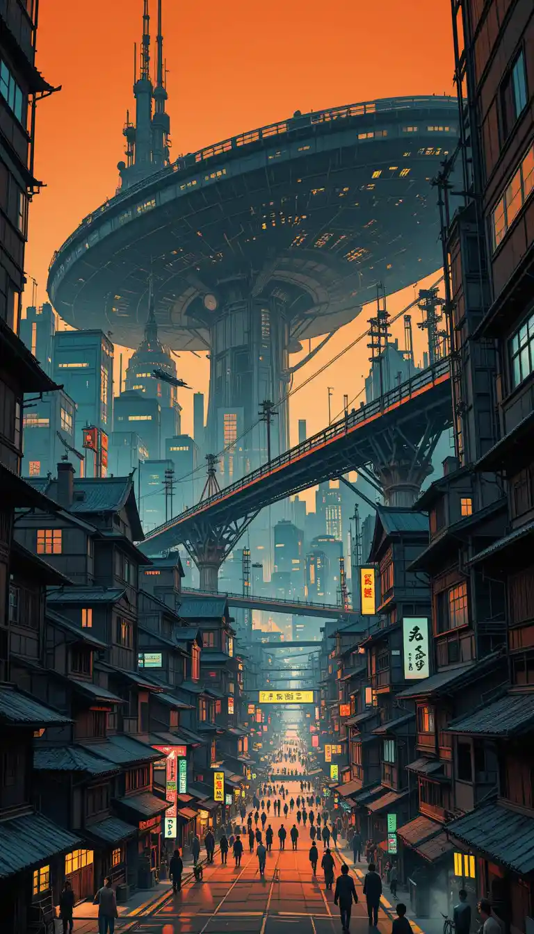 Vista Dramática en Picado Invertido del Paisaje Urbano Futurista de Kioto