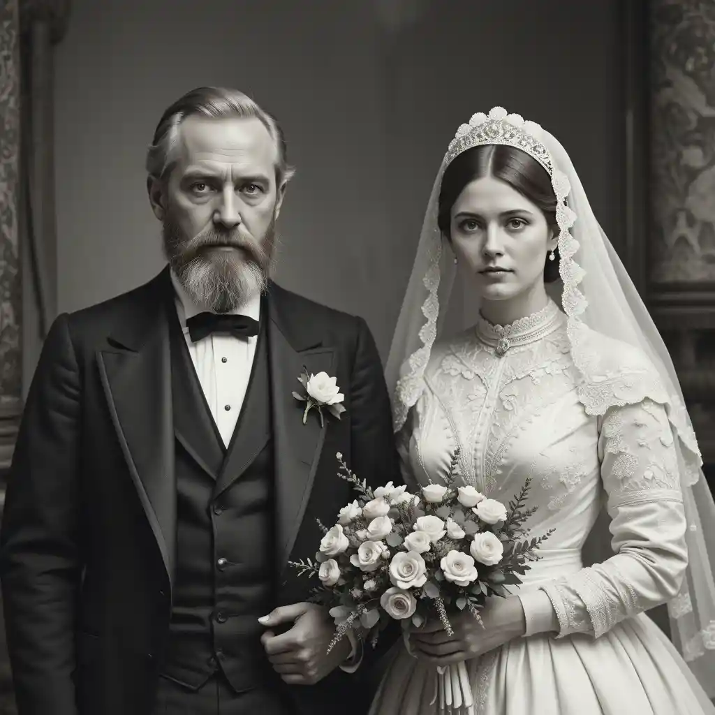 Noivo idoso e noiva ruiva em um casamento da década de 1880
