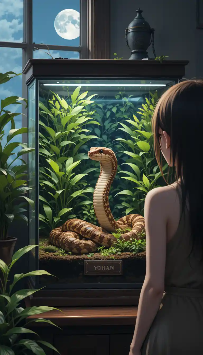 動漫風女子在玻璃箱中觀察玉米蛇