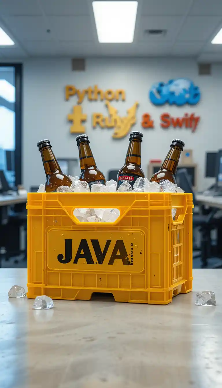 Cassetta di birra gialla con etichetta Java in un ufficio moderno