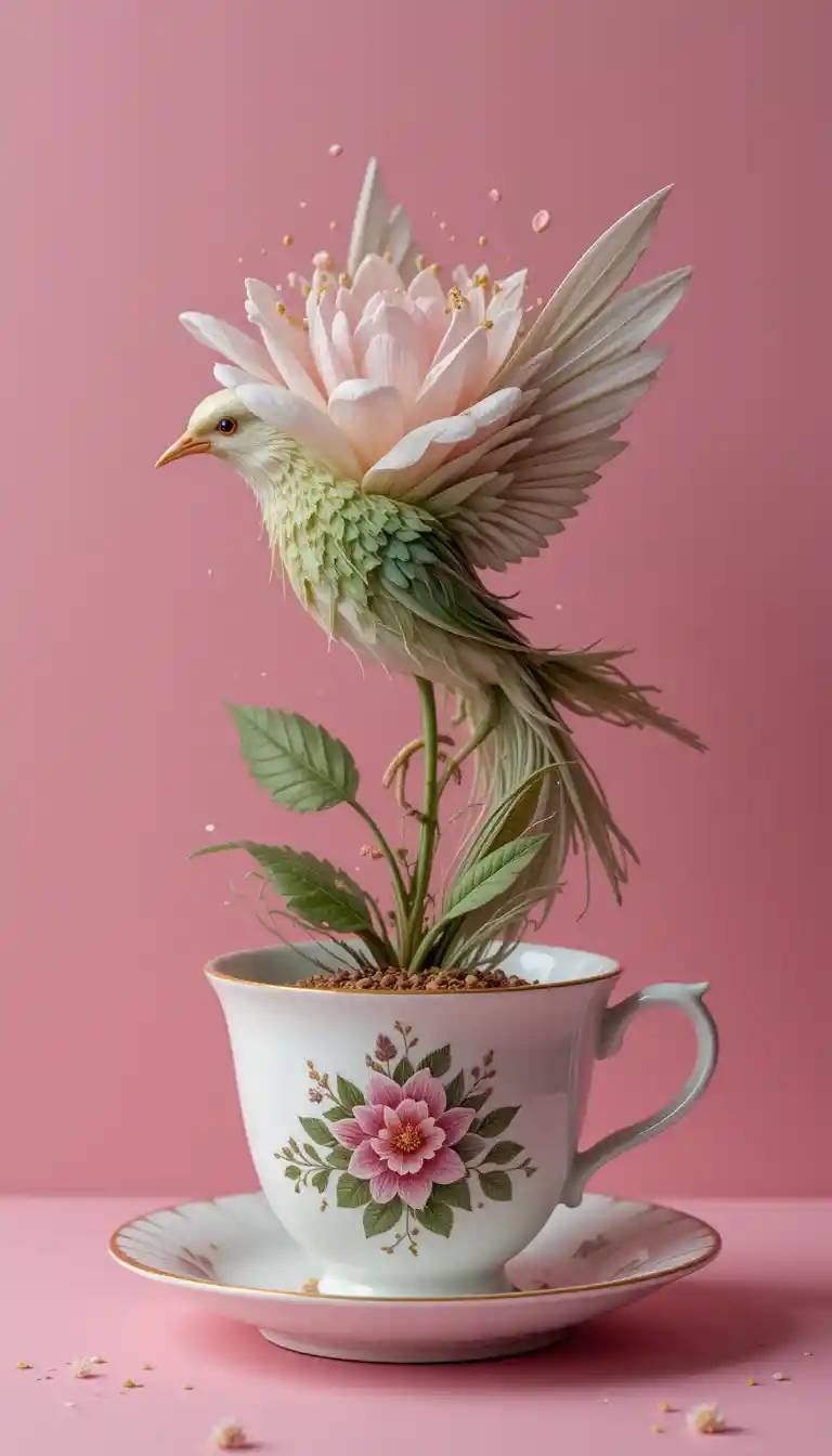 Teacup Transforming Into Flower And Bird On Pink Background
