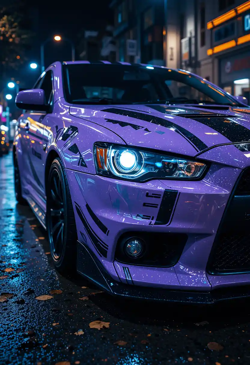 Cyberpunk car on neon lit wet city street at night