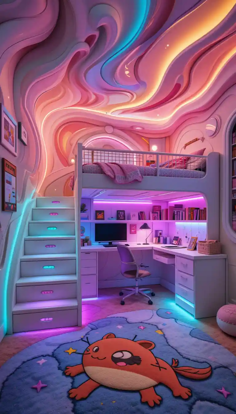 Verspieltes futuristisches Kinderzimmer mit Hochbett und Schreibtisch