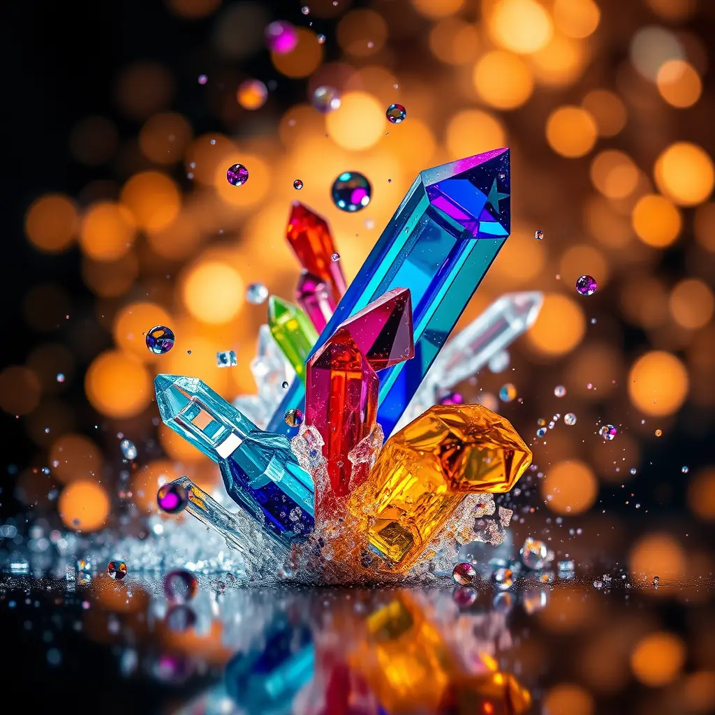 Abstrakte Kristallformen in Bewegung vor Bokeh-Lichtern