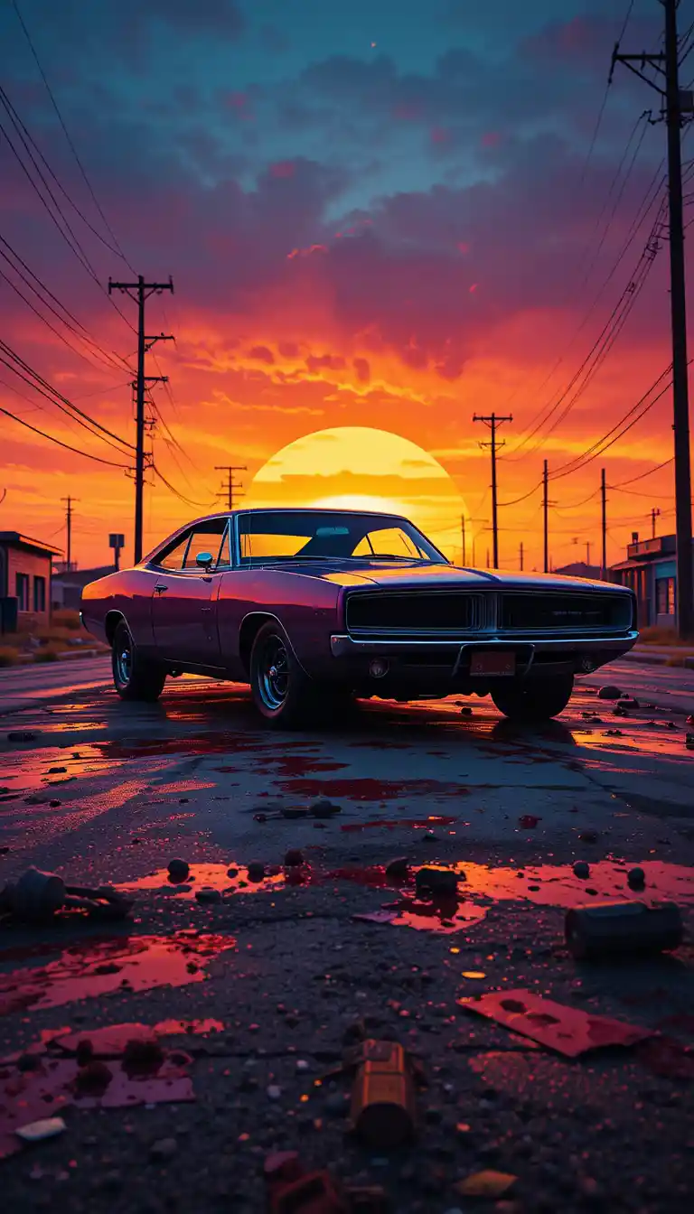 Muscle car d’epoca su una strada insanguinata al tramonto