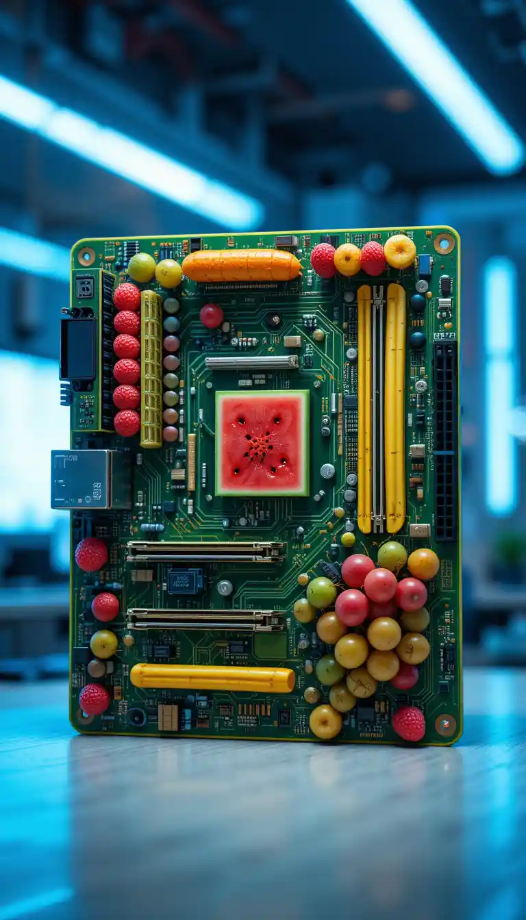 Fruit infused motherboard on a tech inspired workspace