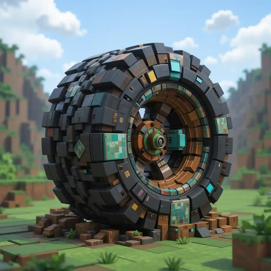 Roda de carro em voxels estilo Minecraft em um mundo de jogo rústico