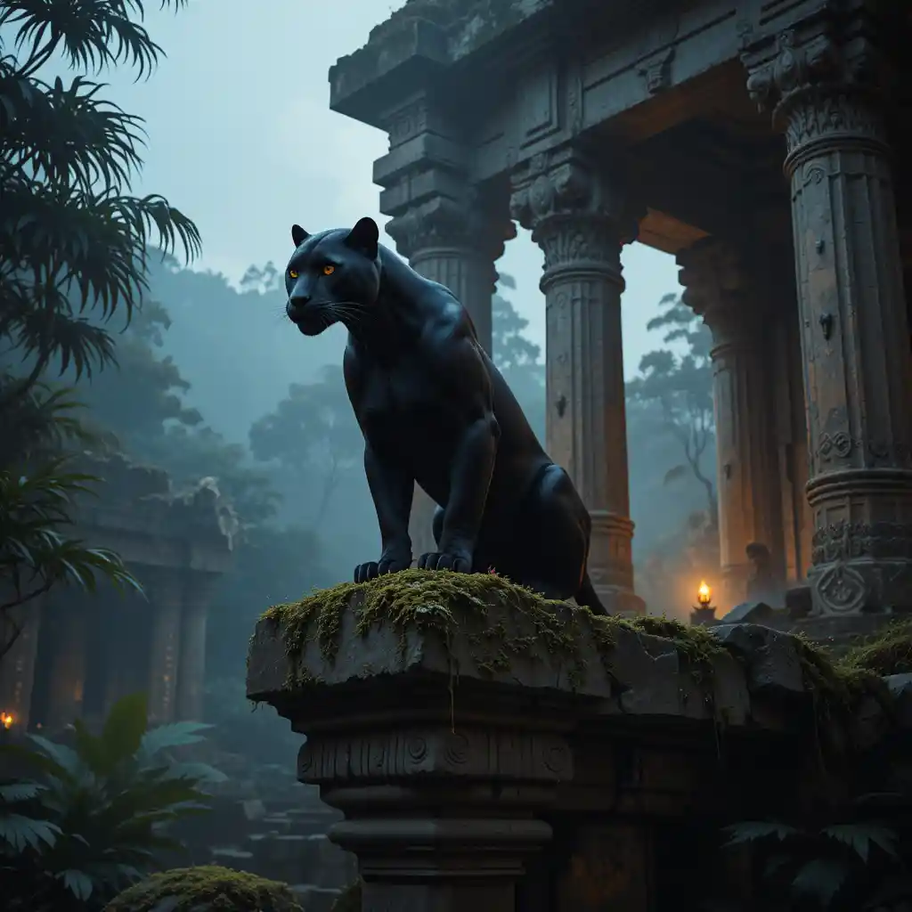 Schwarzer Panther auf antikem Dschungeltempel in der Dämmerung