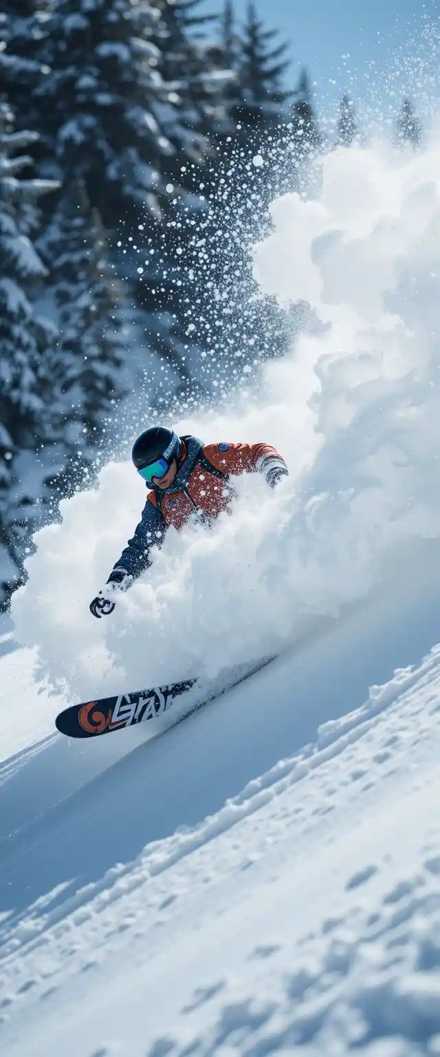 Snowboarder Carving A Deep Powder Turn On Mountain Slope