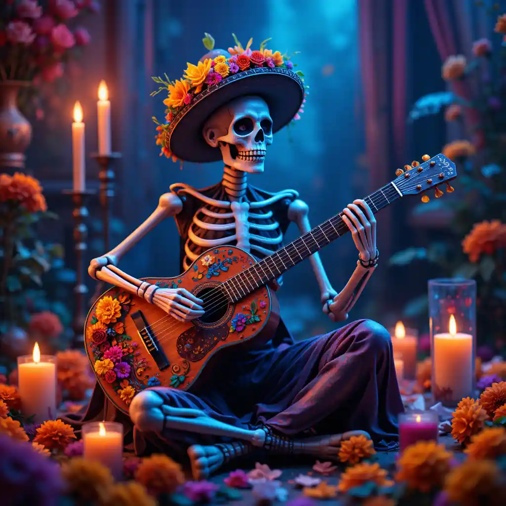 Skelettmusiker spielt Gitarre in einer Día-de-los-Muertos-Szene