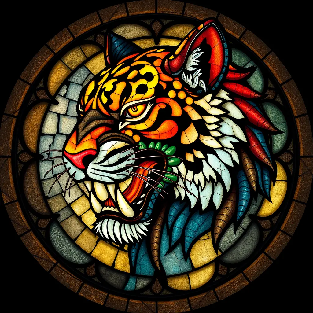 Mythical Lion Head In Vibrant Stained Glass Profile