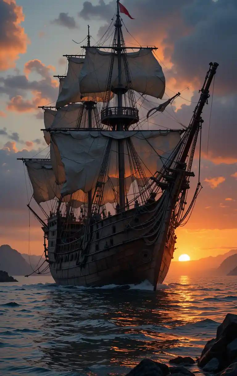 Barco pirata al atardecer anclado en una bahía tranquila