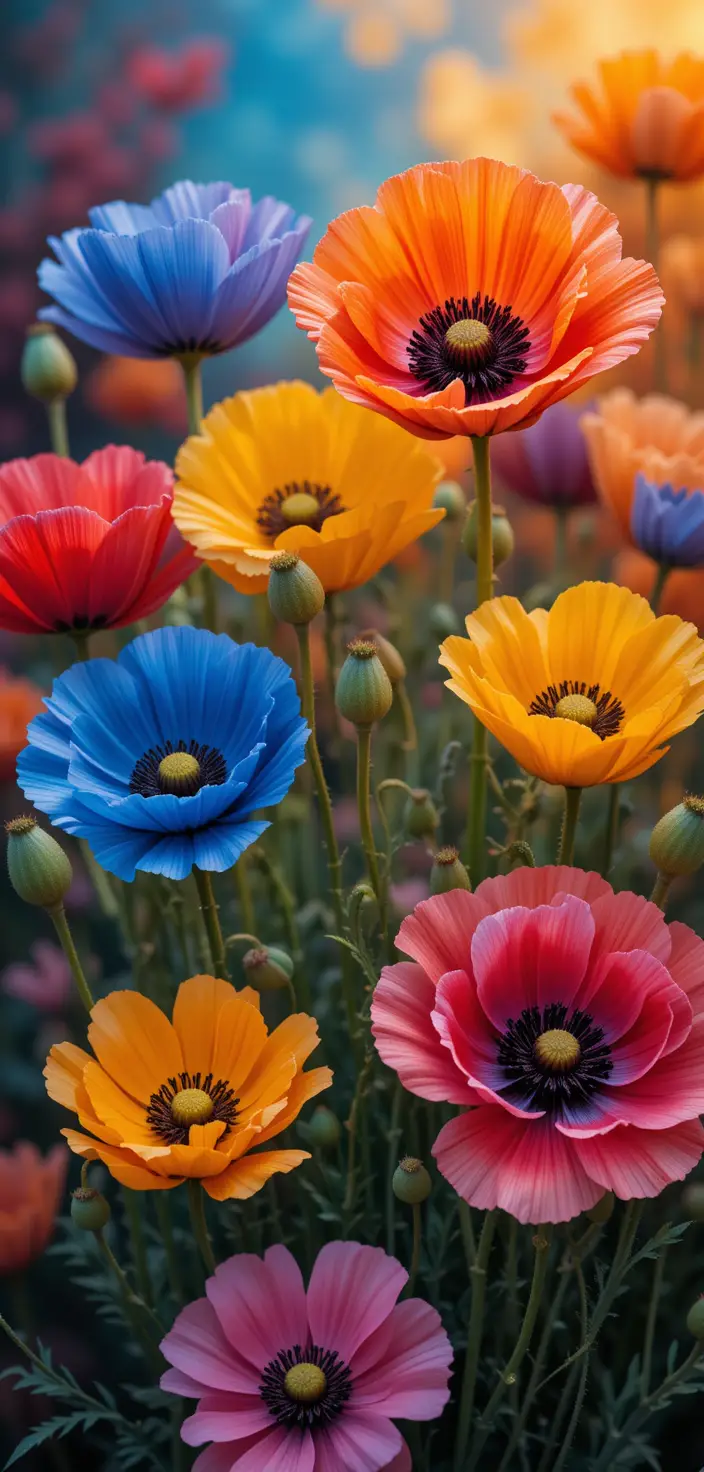 Bunte Mohnblumen mit strukturierten Blütenblättern und Knospen