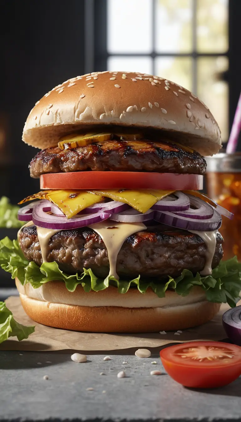 Saftiger Doppelburger mit Ananas und frischem Gemüse