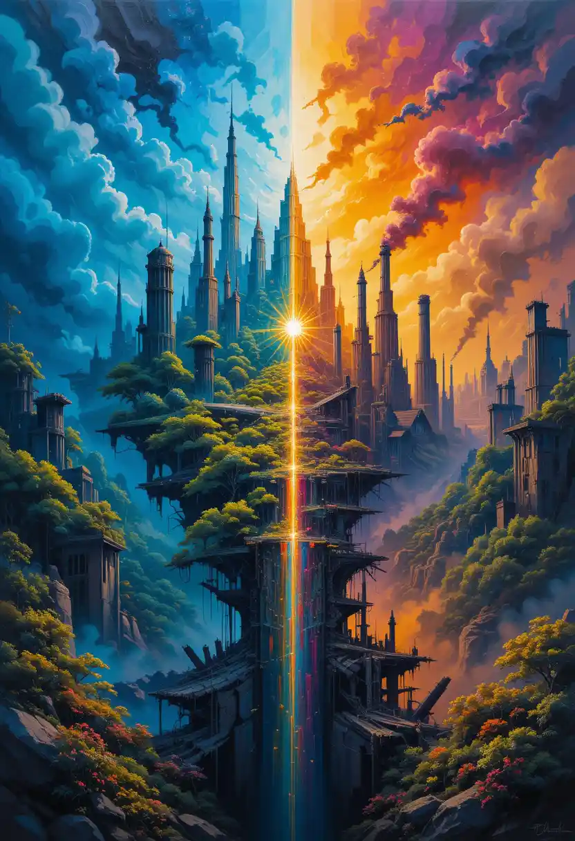 鏡像奇幻景觀與黑暗城市的超現實畫作