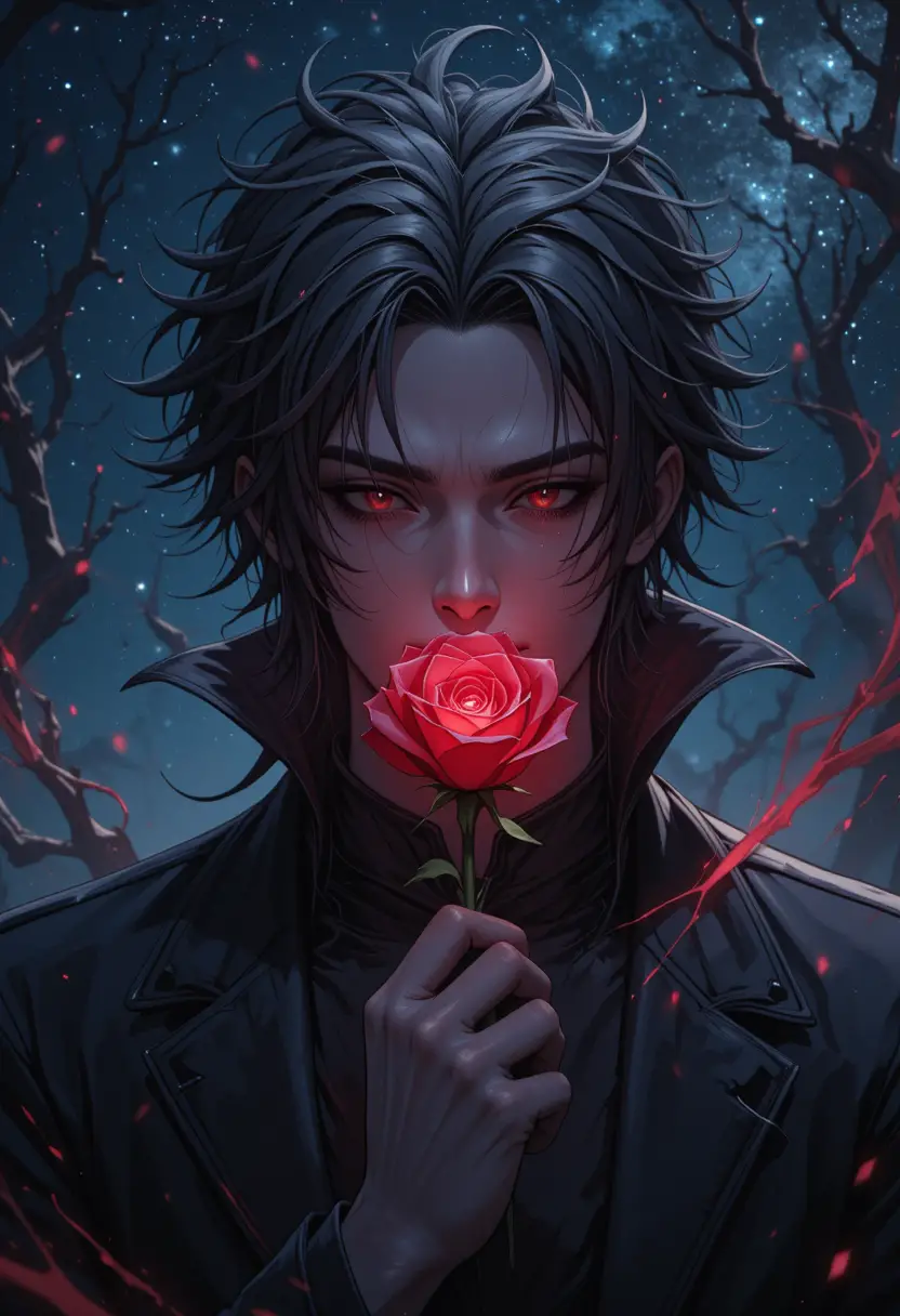 Anime-Bösewicht mit leuchtender roter Rose unter Sternenhimmel