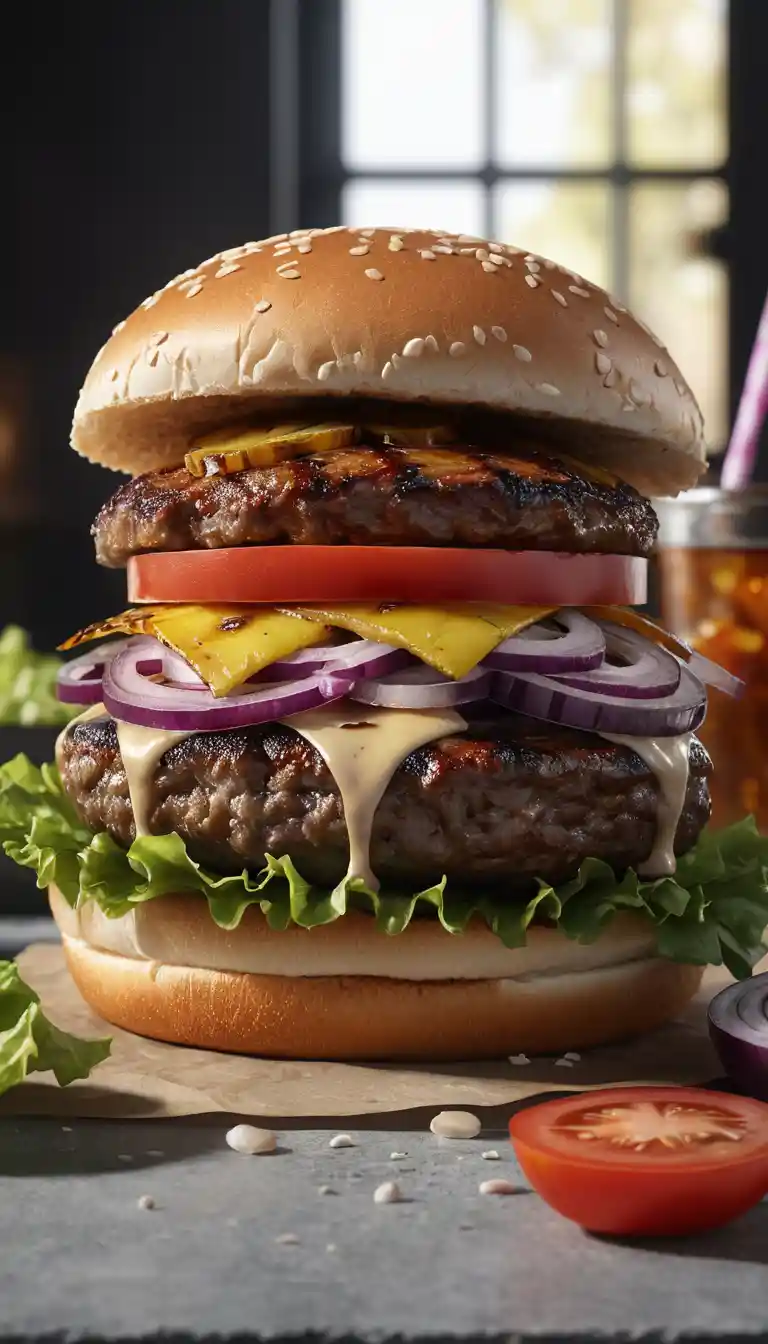 Succoso Doppio Hamburger con Ananas e Verdure Fresche
