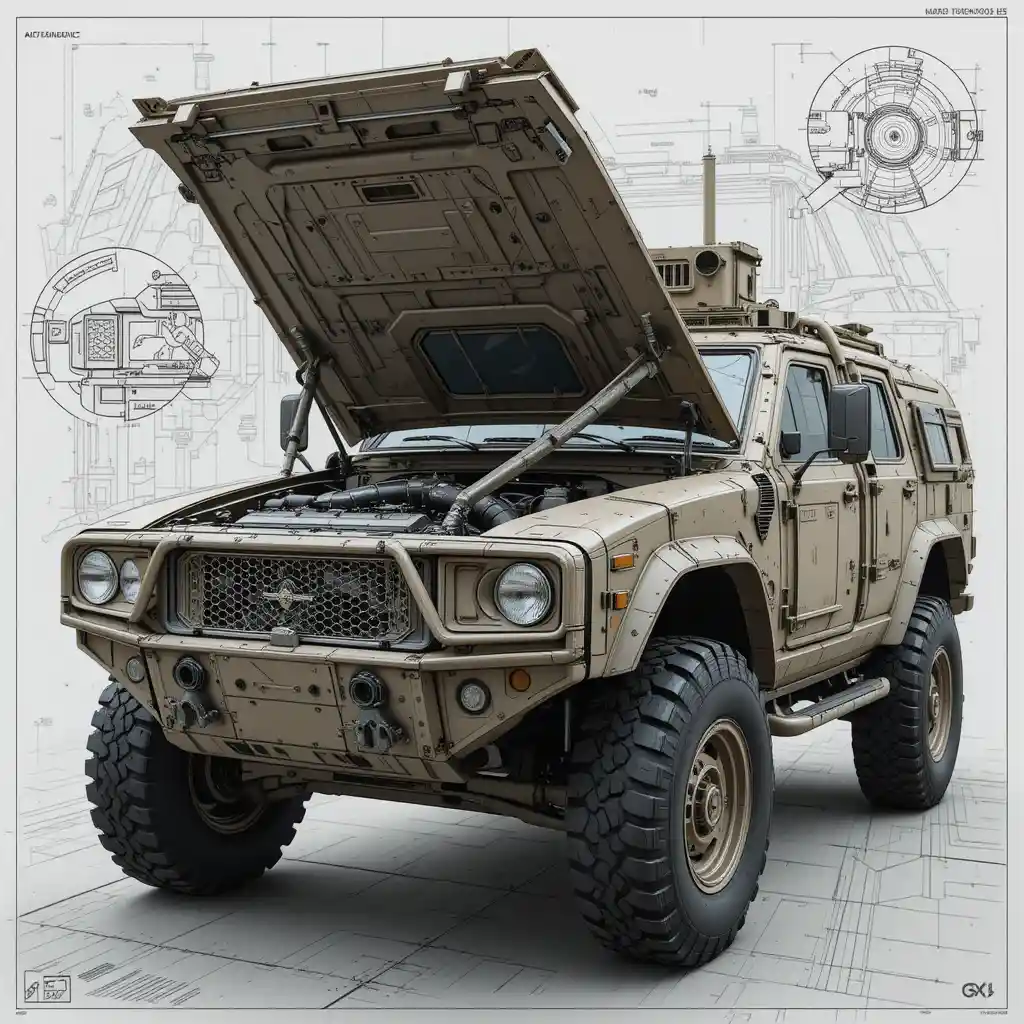 Engineering blueprint of a military Cougar vehicle project