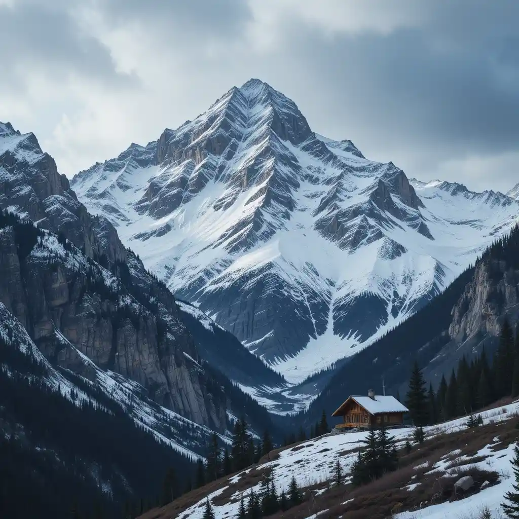 Snowy mountain range with a wooden cabin in the valley