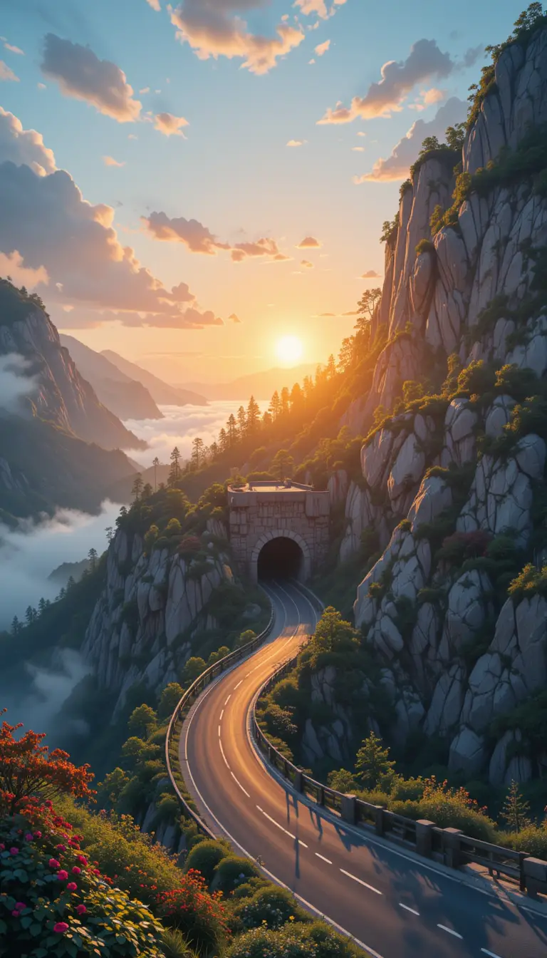 Cartoon mountain road at sunrise with tunnel and fog
