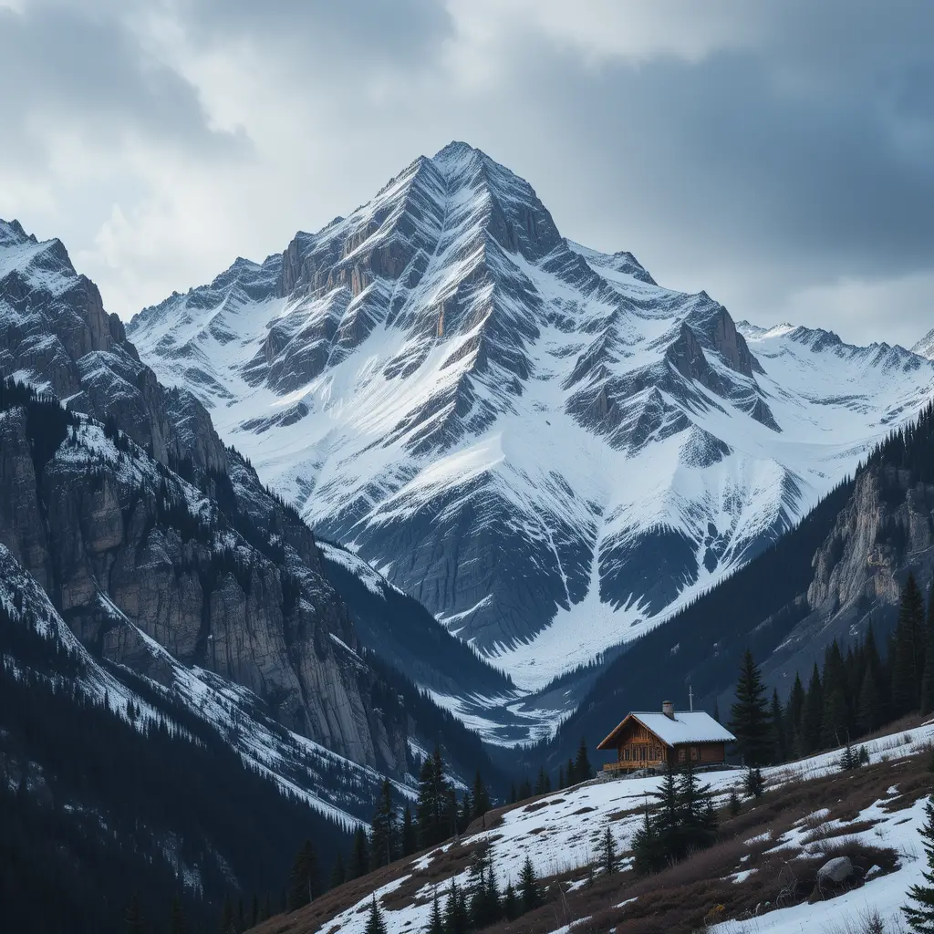 Catena montuosa innevata con baita di legno nella valle