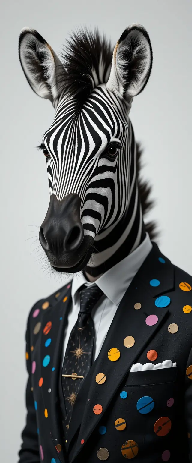 Zebra im Anzug vor weißem Hintergrund Modefoto