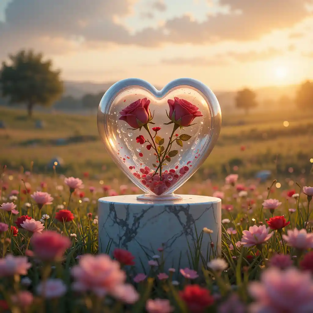 Vase en verre en forme de cœur avec des roses dans un pré romantique