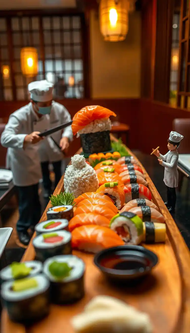 Wooden sushi boat with miniature sushi chefs at work