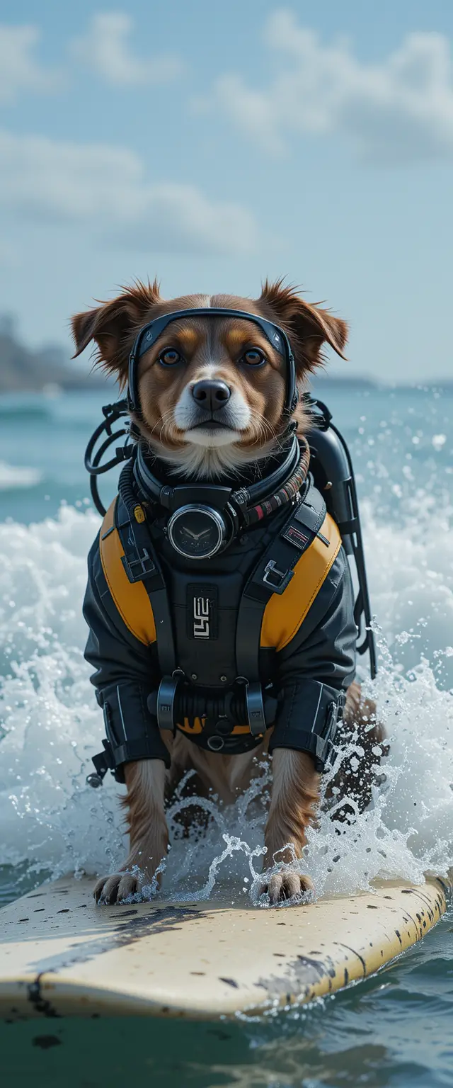 穿潛水衣的狗在海浪上衝浪照片