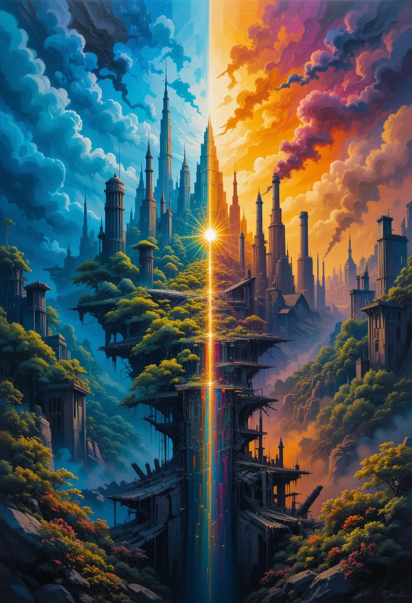 鏡像奇幻景觀與黑暗城市的超現實畫作