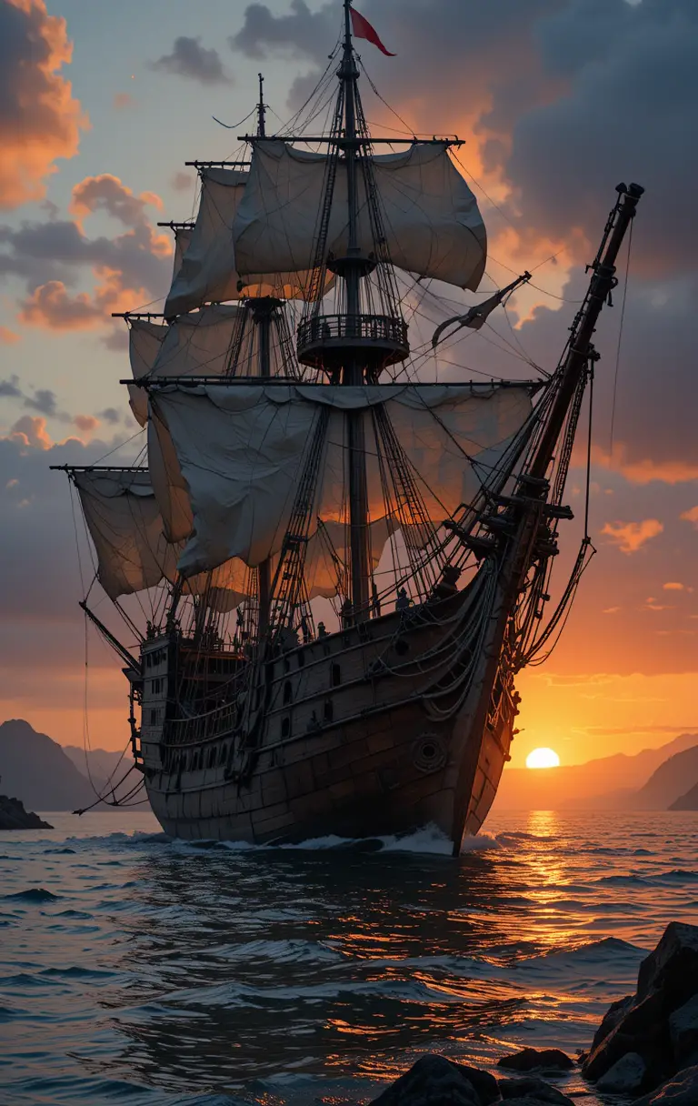Barco pirata al atardecer anclado en una bahía tranquila
