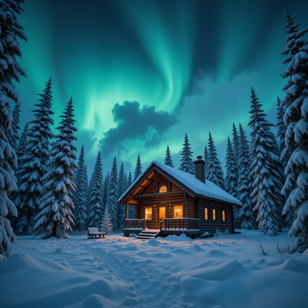 Accogliente baita in una foresta innevata sotto l'aurora boreale luminosa