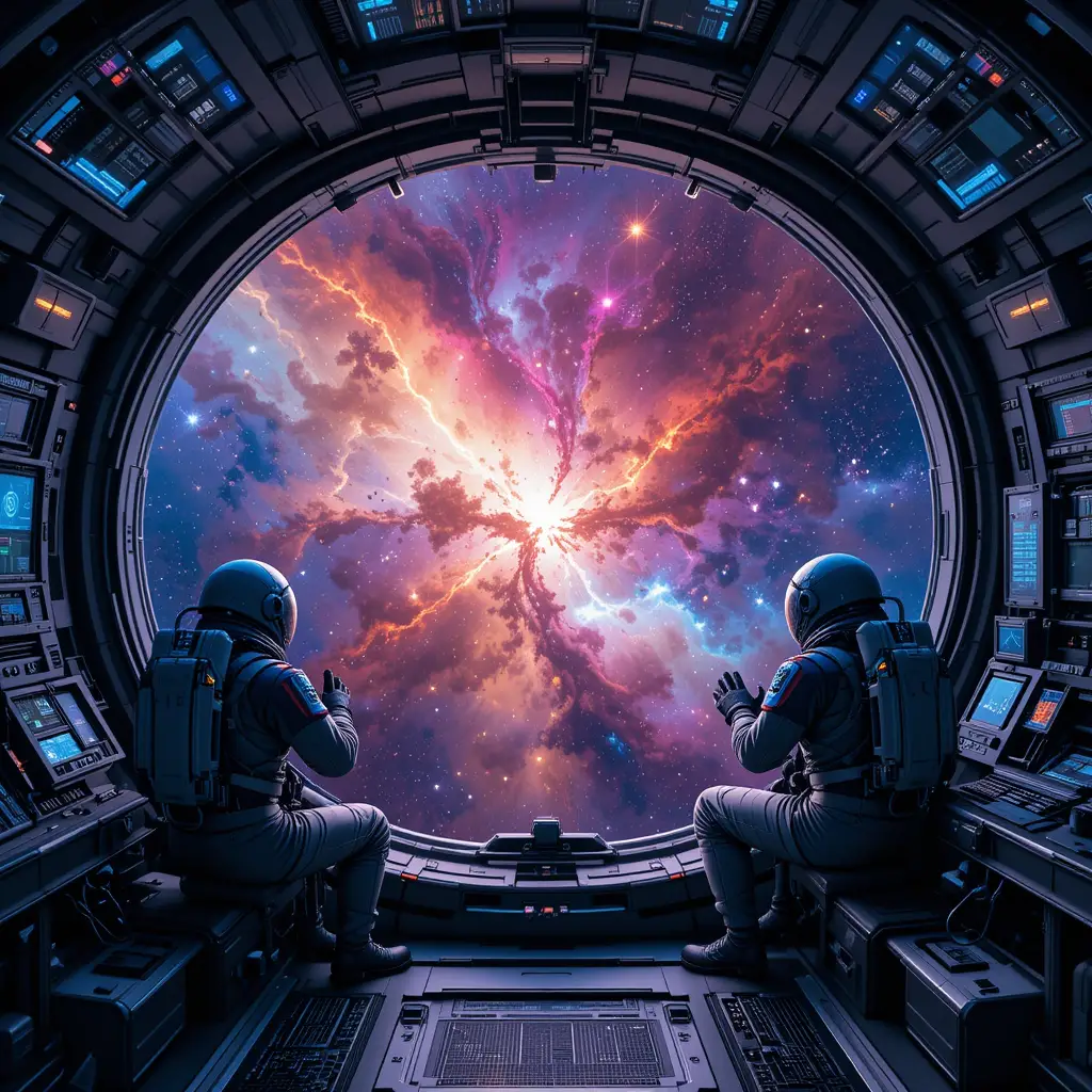 Station spatiale futuriste avec astronautes au-dessus d’une nébuleuse colorée
