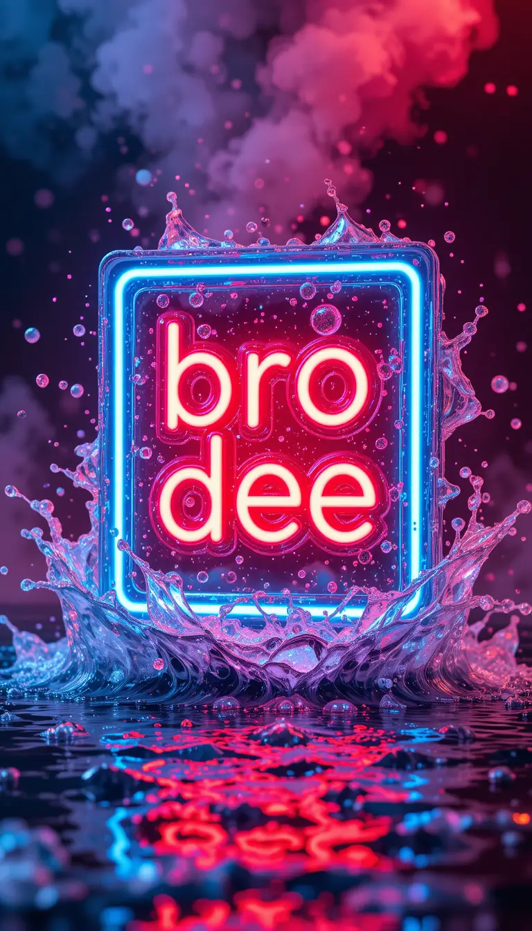 Neon-Glas-Wortmarkenlogo, das durch klares Wasser spritzt
